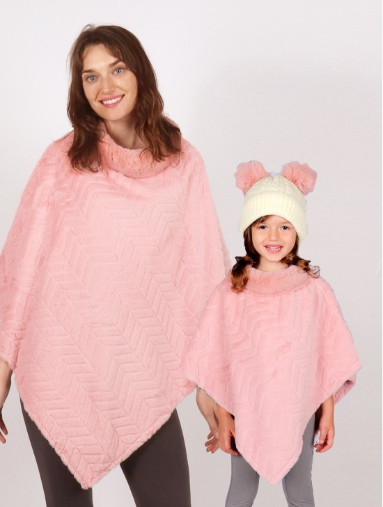 Mom and Kids Zig zag Pattern Faux Fur Poncho